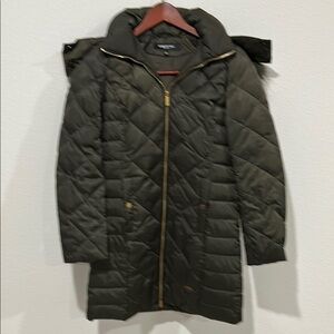 Kenneth Cole Women's Long Quilted Down Coat with Removable Hood Dark Olive-Green